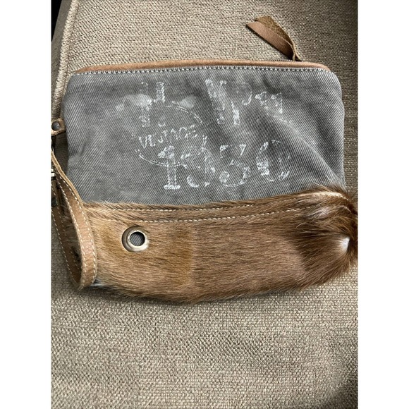 Myra Bags Brown Leather/Hairon 9.5"x6" wristlet Pouch Bag Clutch - Picture 2 of 7